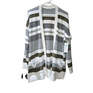 Stitch Fix Pink Clover Open Front Cardigan Sweater White Green Stripe Sz M New